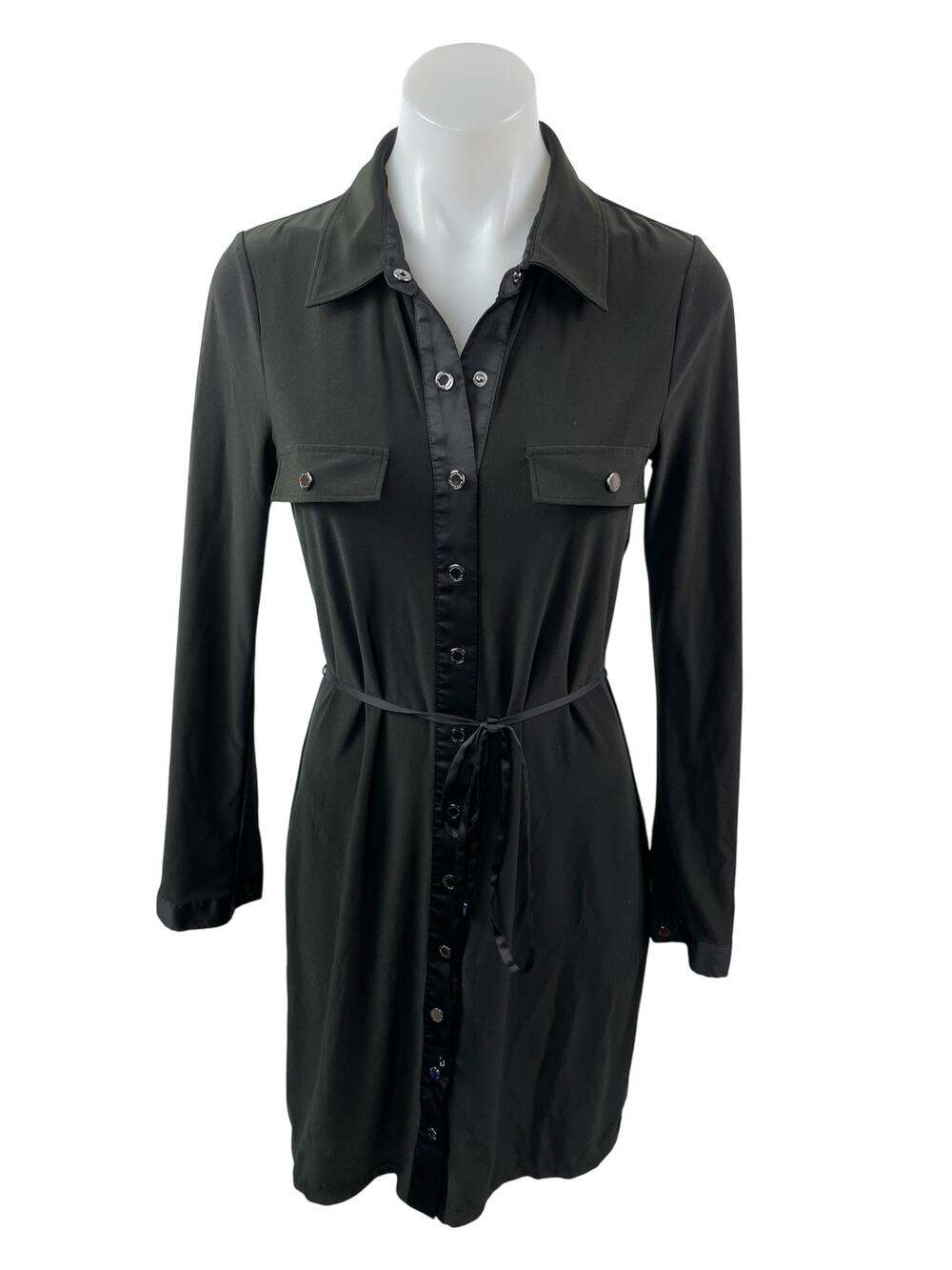 White House Black Market Black Long Sleeve Tie Button Down Mini Shirt Dress Sz S